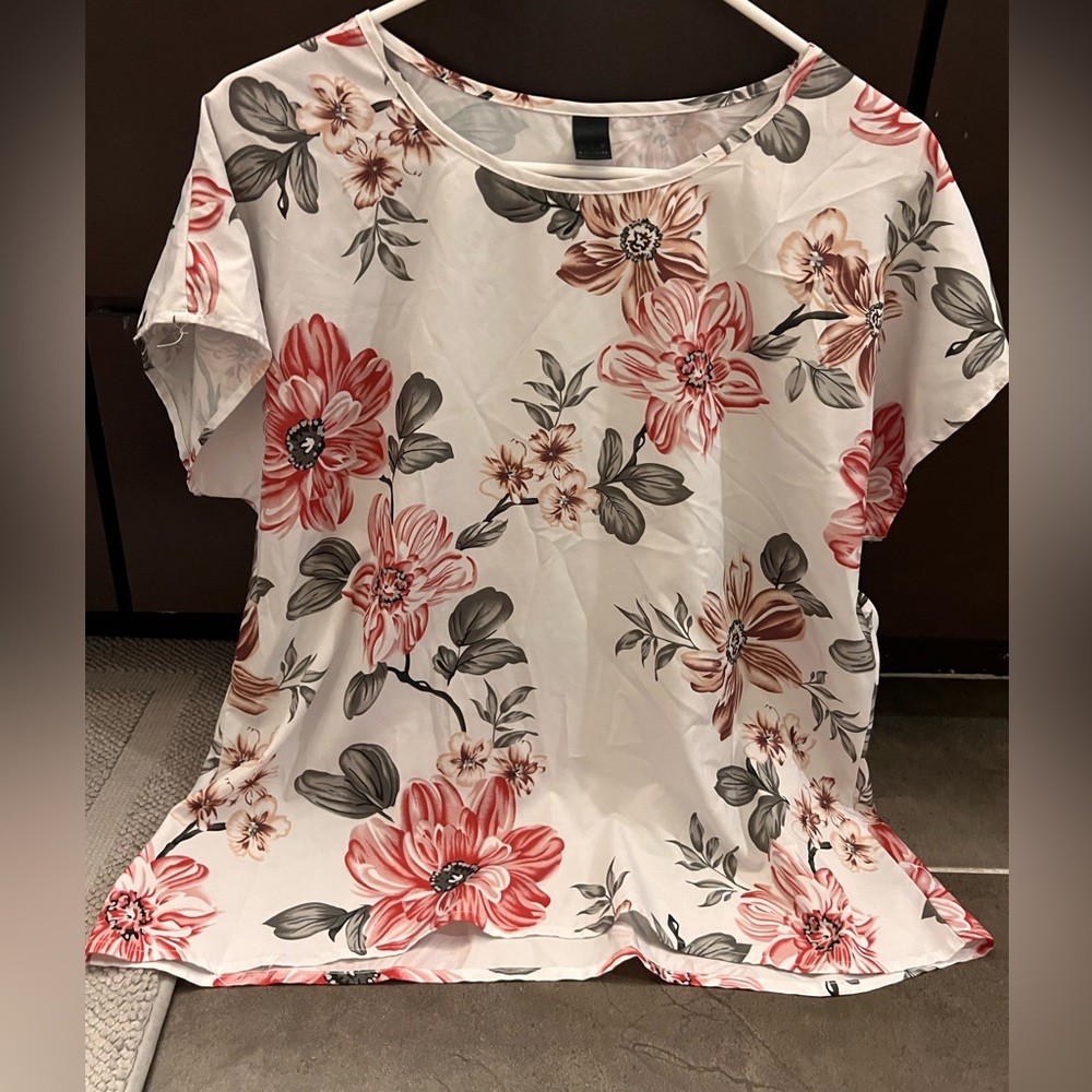 White and floral blouse from Shein- work wear! Tighter fitting.
